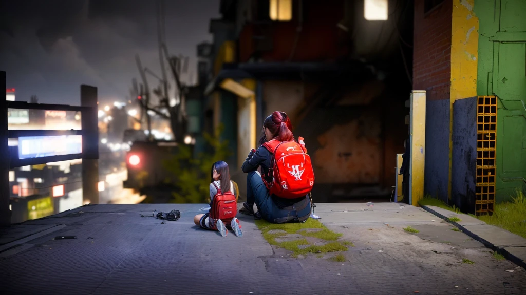 there is a woman sitting on the floor with a red backpack, peru, screenshot from the game, 2020 videogame screenshot, videogame screenshot>, high quality screenshot, screenshot from the game, red and cinematic lighting, cinematic shot!, Fallout Style Istambul, ismail inceoglu and ruan jia, next generation, CG game, medium shot of two characters