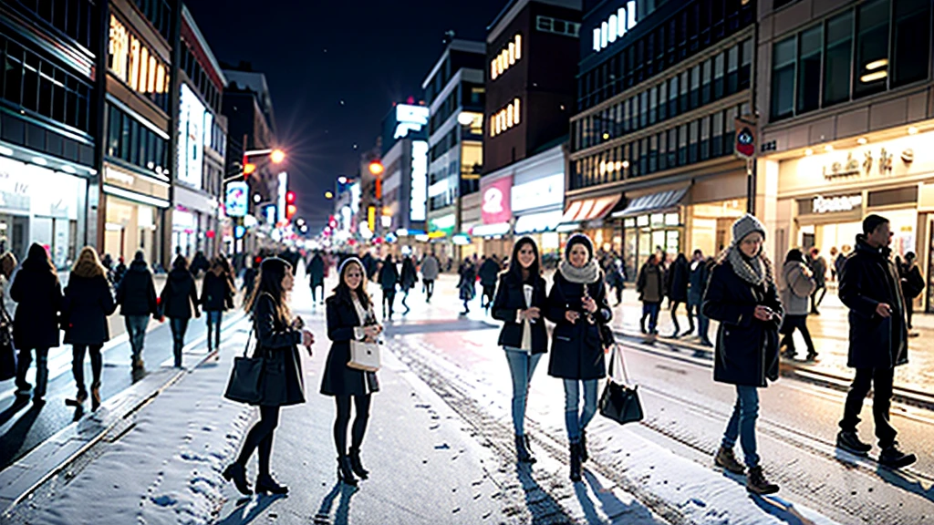 First Snow，Bustling streets，People walking on the street