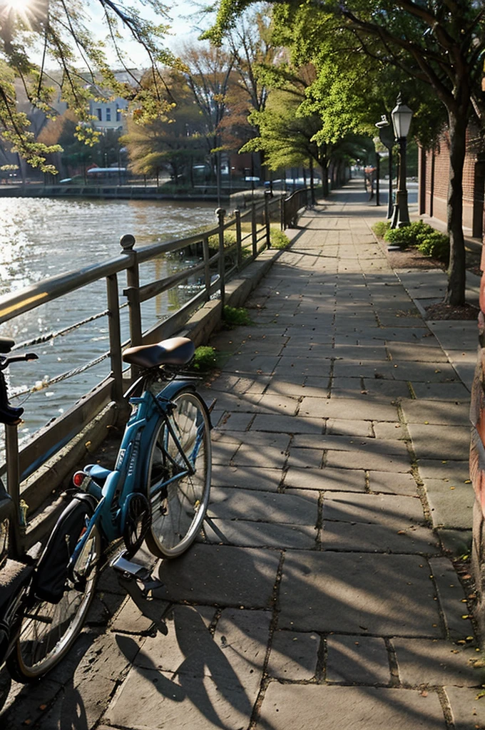a bicycle parked on a brick path next to a body of water, pexels contest winner, nice spring afternoon lighting, boston massachusetts, morning sun, student