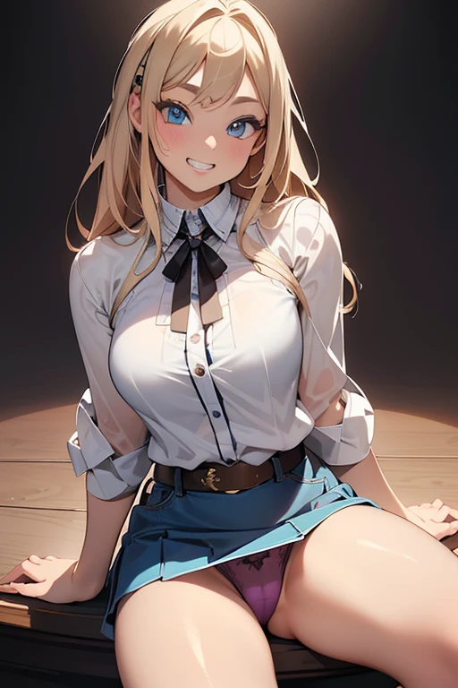 Realistic, photorealistic portrait of a beautiful young woman with thick thighs, blonde hair、blue eyes、(eye focus:1.3,face focus,cowboy shot),(gradient eyes:1.3),(mini skirt, showing panties, sitting
)、(grin:1.3),cute face、(tareme:1.3),4K resolution, best quality, masterpiece