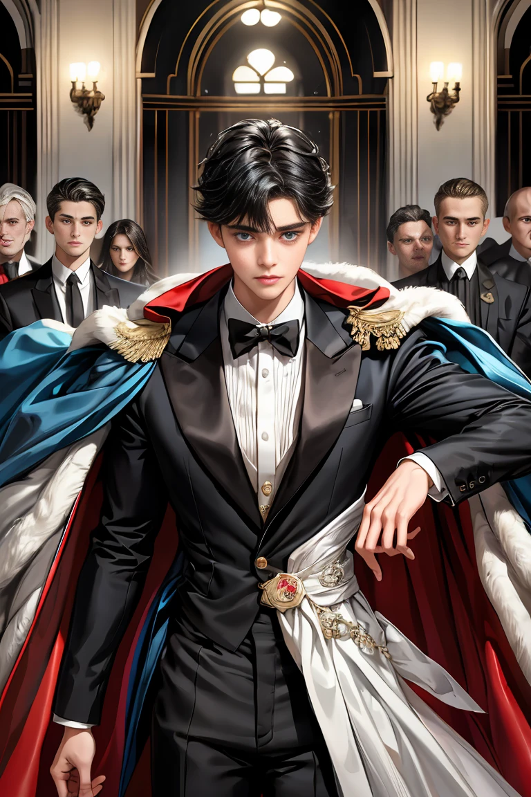 
masterpiece, 最high quality, high quality, 1 boy, alone, Male focus, Watching the audience,  Messy black hair, Adorable big blue eyes, White people, Noble, Noble,Sexy voluminous cape、Tuxedo、A very voluminous, large, very large, very large, long, long red and black cape with a high stand-up collar, reaching down to the floor, made of a lot of fabric., ,Cute beautiful boys,Cute, cute, kind, handsome guy