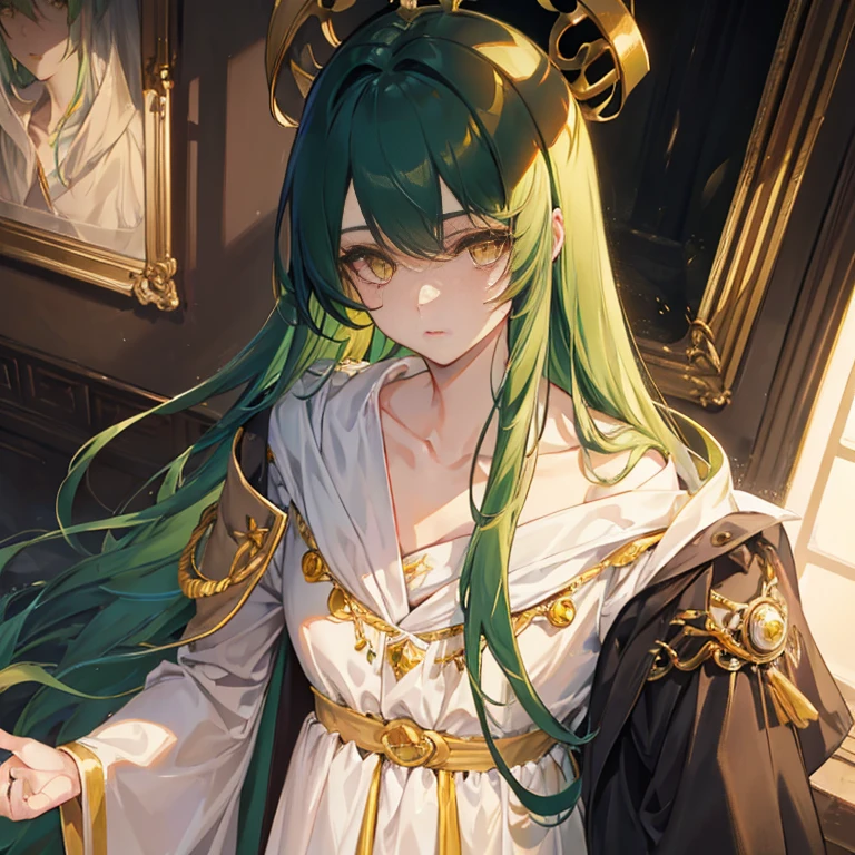 top quality,Perfect Face, long dark green hair, yellow eyes, collarbone,Master of Light and Shadow,crown,Royal robe,In the luxurious palace