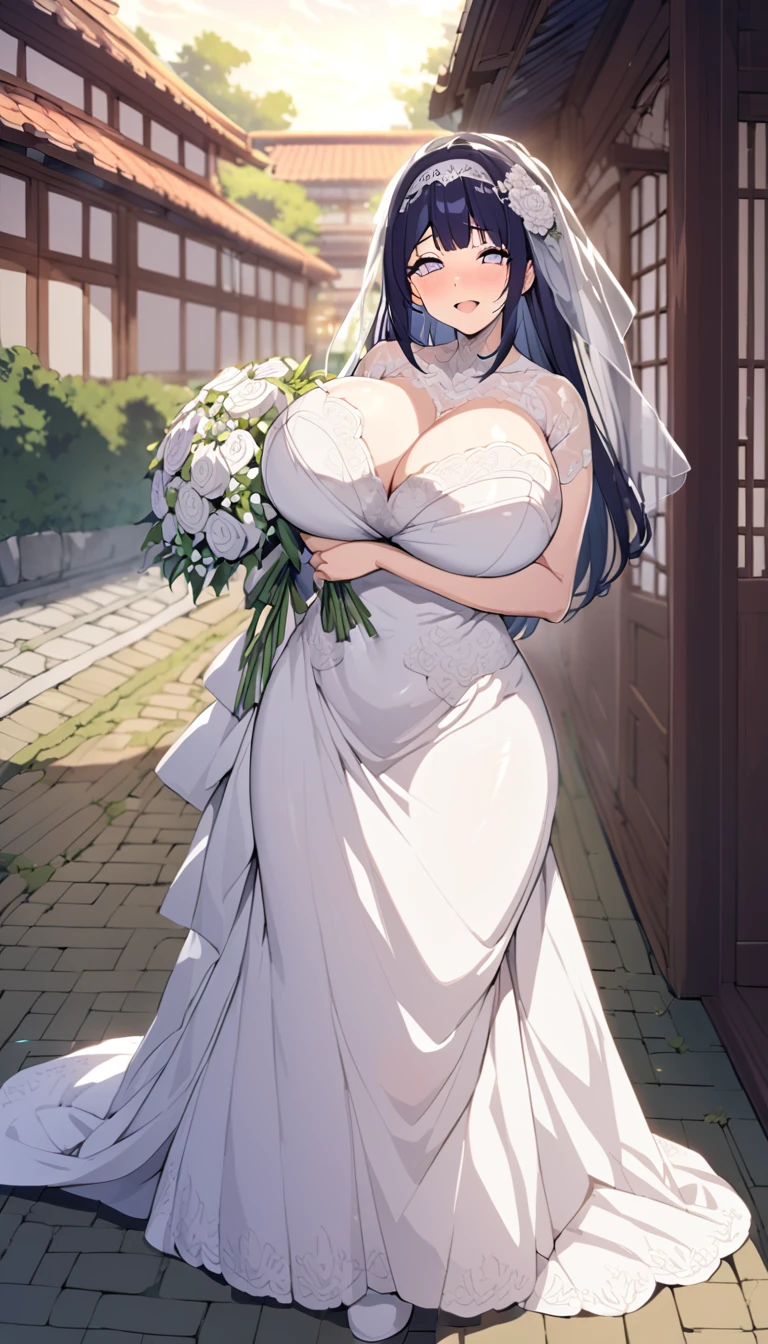 Hinata hyuga with huge breasts in wedding dress with huge lace neckline with veil and bouquet in a Japanese courtyard