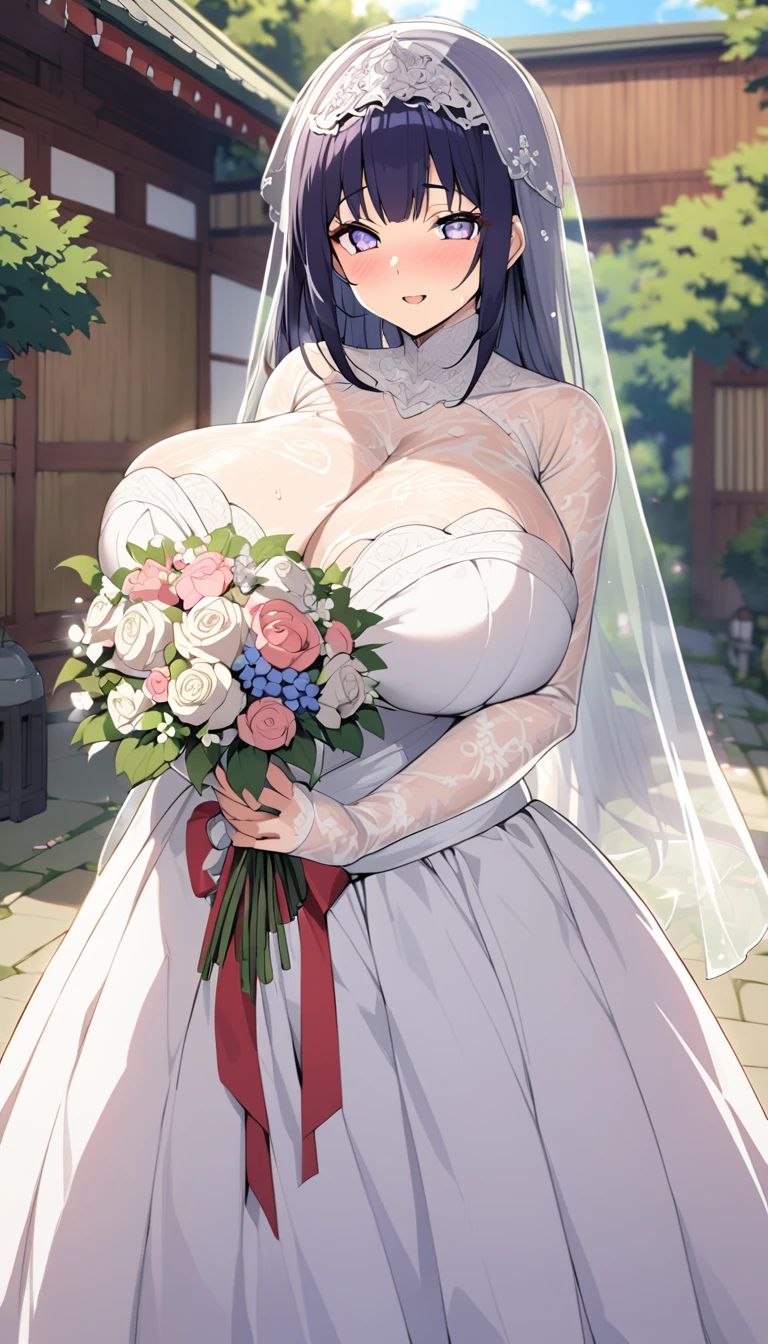 Hinata hyuga with huge breasts in wedding dress with huge lace neckline with veil and bouquet in a Japanese courtyard