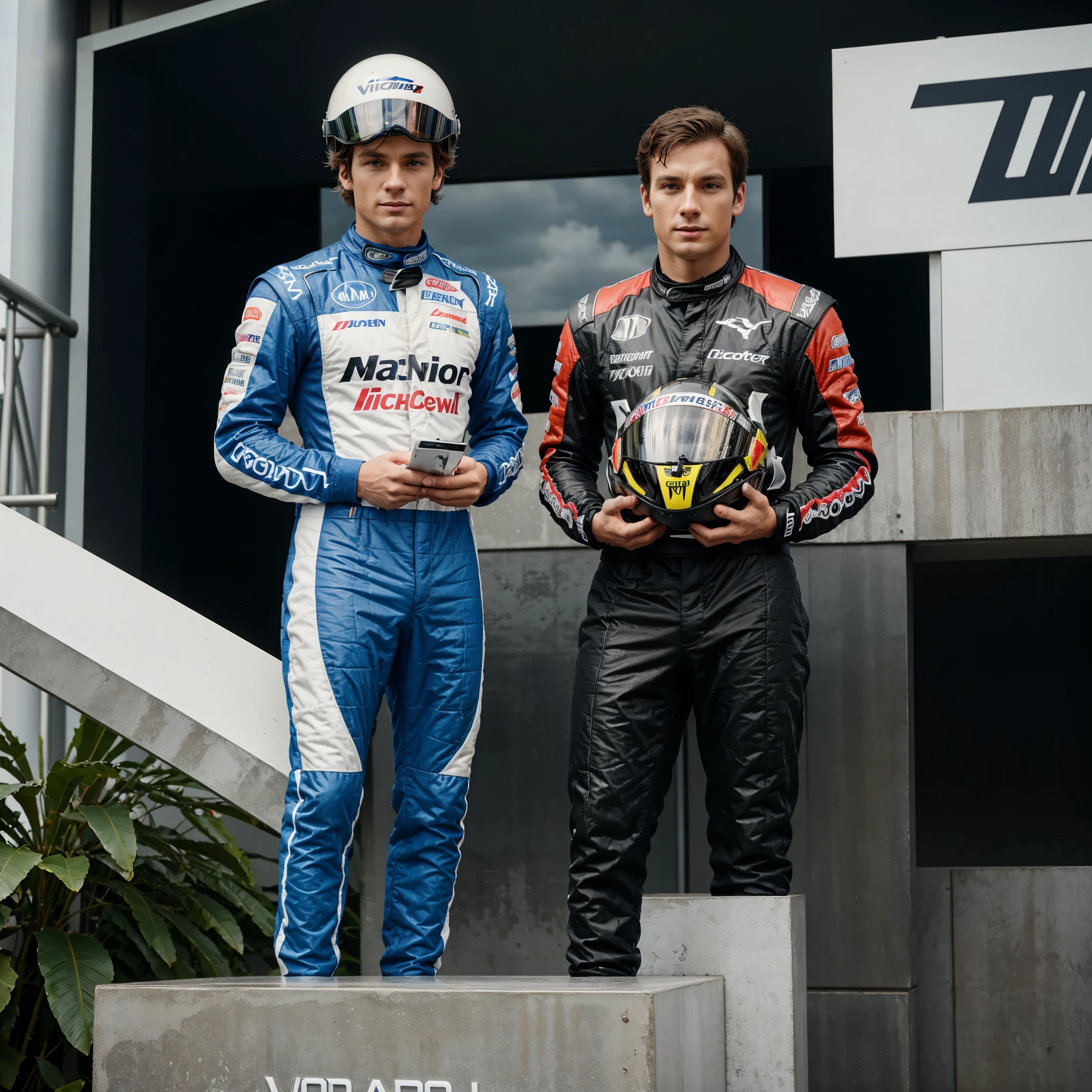 a car racer, wearing a racing suit complete with helmet, standing on the victory podium, dashing, dignified