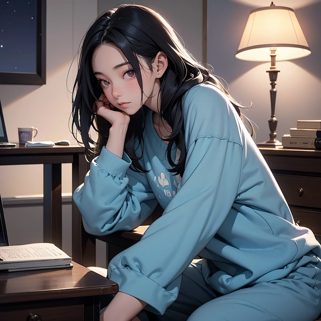 Vertical portrait (4:5 ratio) of a 15-year-old Taiwanese girl studying late at night. The room is very dimly lit, with only a small desk lamp providing warm, localized light. The girl wears large "ANE//AB" branded headphones and light blue pajamas with shorts. She's leaning over her desk, eyes focused intently on an open textbook. Her long dark hair falls forward, partially obscuring her face.
The desk is cluttered with study materials, mostly in shadow. A window shows a dark night sky with a few stars. In a dark corner, a golden retriever sleeps, barely visible. The scene is in Lo-fi anime style, using deep blues, purples, and muted ambers to emphasize the late-night atmosphere. Shadows are pronounced, contrasting with the small pool of light from the desk lamp.