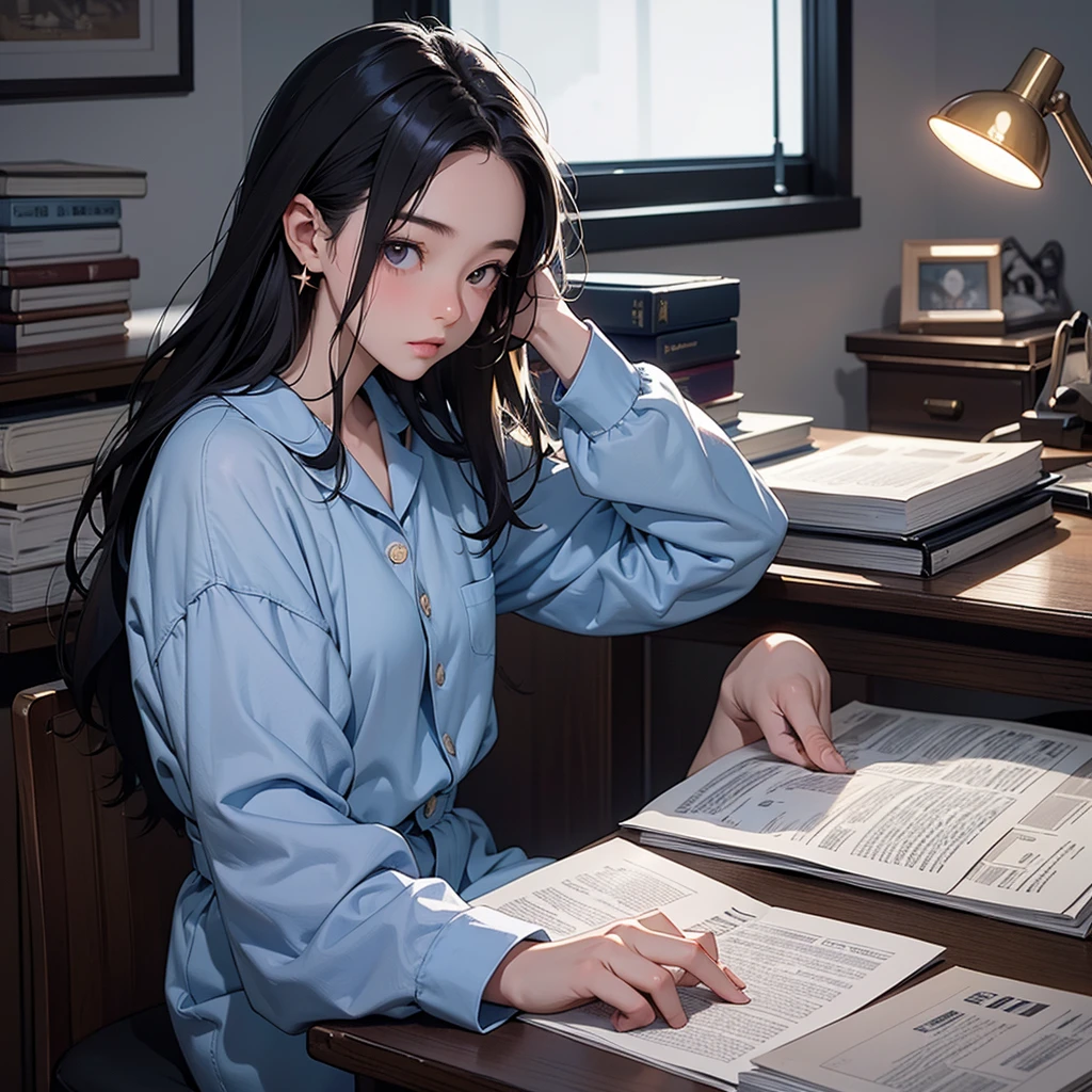 Vertical portrait (4:5 ratio) of a 15-year-old Taiwanese girl studying late at night. The room is very dimly lit, with only a small desk lamp providing warm, localized light. The girl wears large "ANE//AB" branded headphones and light blue pajamas with shorts. She's leaning over her desk, eyes focused intently on an open textbook. Her long dark hair falls forward, partially obscuring her face.
The desk is cluttered with study materials, mostly in shadow. A window shows a dark night sky with a few stars. In a dark corner, a golden retriever sleeps, barely visible. The scene is in Lo-fi anime style, using deep blues, purples, and muted ambers to emphasize the late-night atmosphere. Shadows are pronounced, contrasting with the small pool of light from the desk lamp.