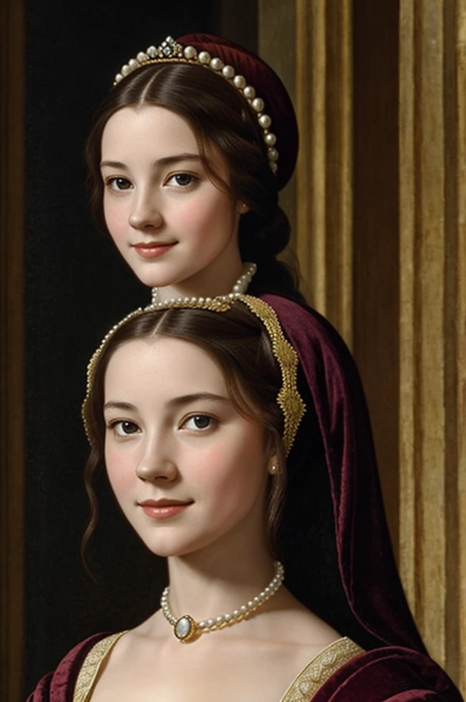 Kindly give me an image of Young Anne Boleyn in a French court, dressed elegantly and smiling 