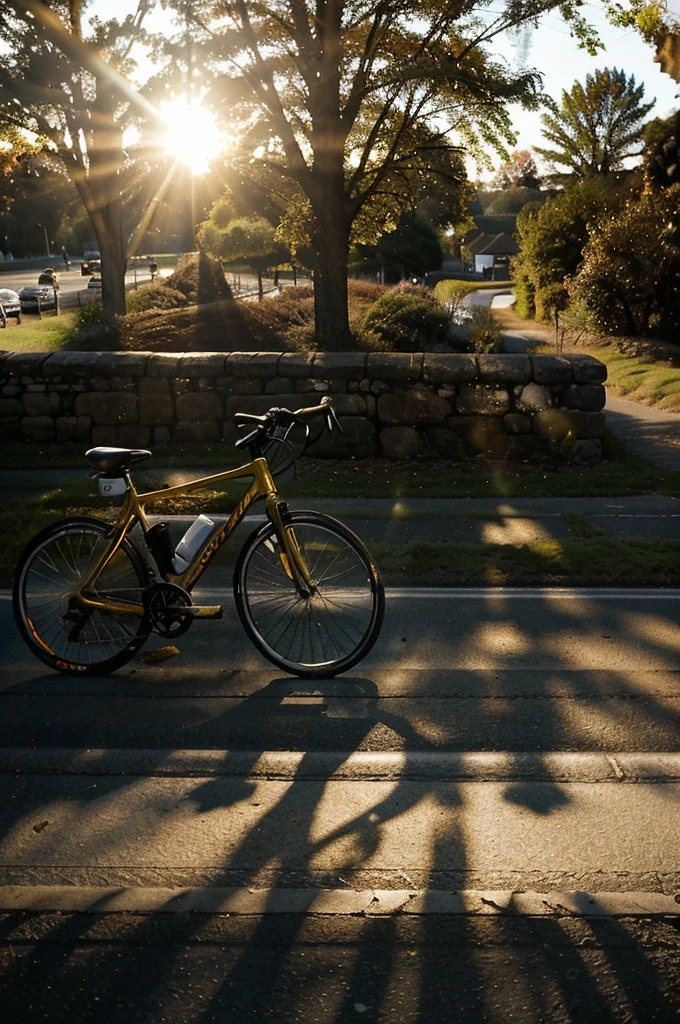 there is a bike parked on the side of the road, bicycle in background, bicycle, bicycles, perfect detail, taken at golden hour, morning golden hour, crisp details, beautiful sunny day, portrait shot, summer morning light, sun is shining, perfect crisp sunlight, environmental shot, evening at dusk, hard morning light, mixed art, the sun is shining