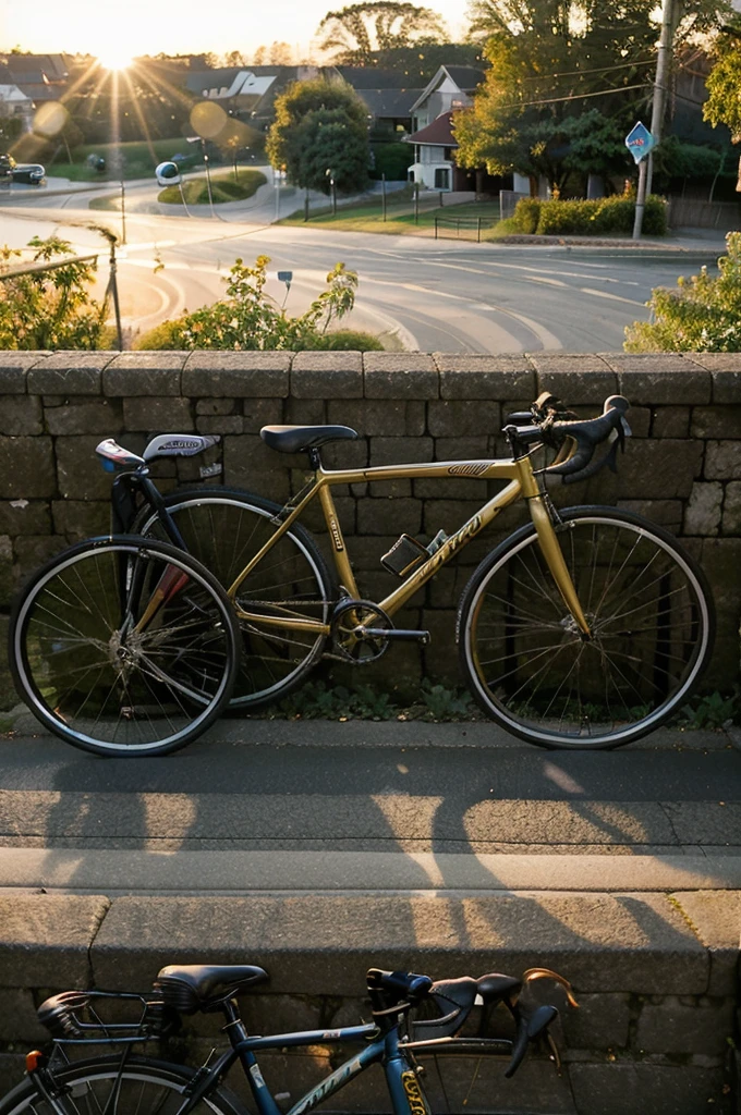 there is a bike parked on the side of the road, bicycle in background, bicycle, bicycles, perfect detail, taken at golden hour, morning golden hour, crisp details, beautiful sunny day, portrait shot, summer morning light, sun is shining, perfect crisp sunlight, environmental shot, evening at dusk, hard morning light, mixed art, the sun is shining
