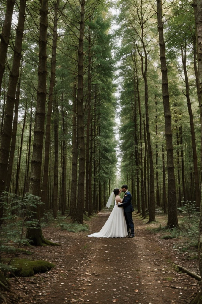 Genere moi la photo de deux amoureux qui s'embrasse dans la foret