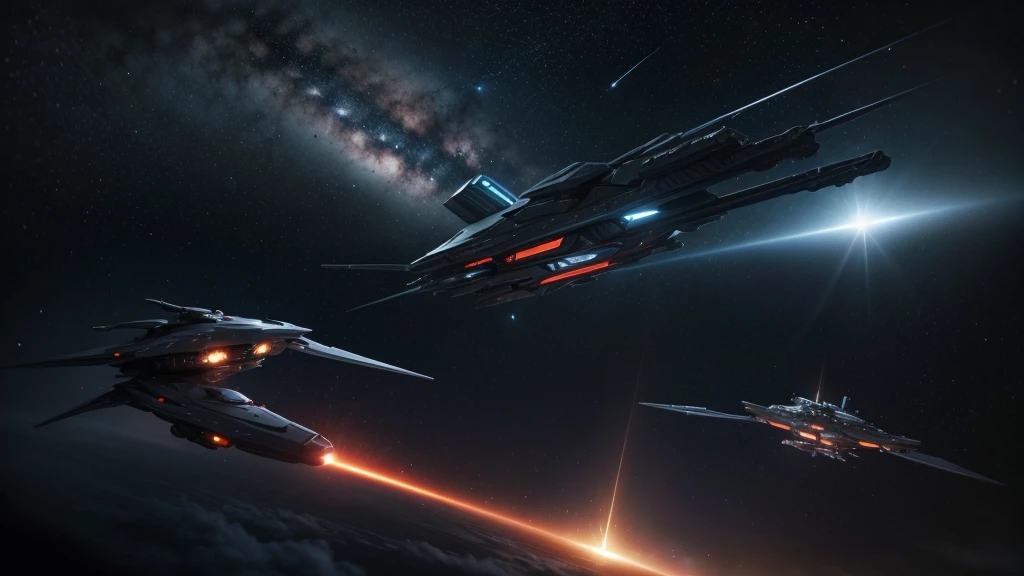 An intense space battle between advanced human spacecraft and sleek alien ships. The scene is set in the vastness of space, with distant stars and galaxies providing a backdrop. Human ships, including the grand spaceship Aeternum, engage in fierce combat with elegant and technologically superior alien vessels. Explosions and energy beams light up the scene, with debris from destroyed ships floating around. Both sides are shown maneuvering skillfully, utilizing their unique technologies and strategies. The image captures the chaos and excitement of an epic interstellar conflict.
