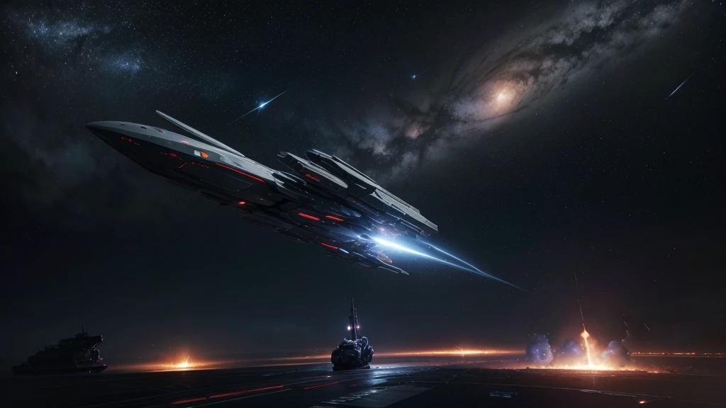 An intense space battle between advanced human spacecraft and sleek alien ships. The scene is set in the vastness of space, with distant stars and galaxies providing a backdrop. Human ships, including the grand spaceship Aeternum, engage in fierce combat with elegant and technologically superior alien vessels. Explosions and energy beams light up the scene, with debris from destroyed ships floating around. Both sides are shown maneuvering skillfully, utilizing their unique technologies and strategies. The image captures the chaos and excitement of an epic interstellar conflict.