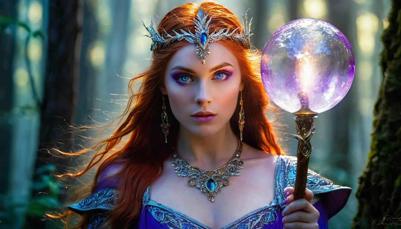 woman does fire magic on her hands, best qualityer,high resolution,ultra detali,(realisitic:1.37),beautiful detailed eyes,beautiful detailed lips,extremely detailed eye and face,long eyelashes,(HDR:1.1),(bright coloured:1.1),(sharp focus:1.1),(Physically based rendering:1.1),portraite,Sorceress,Red hair,distinct white stripe,complex gold jewelry,Elven heritage,blue colored eyes,confident expression,ferocious,standing in a magical forest,against a backdrop of ancient trees and fog,holding a wooden staff with a glowing crystal sphere on top,wearing a flowing dress made of shiny fabric,soft sunlight filtering through the leaves,casting a warm, ethereal glow over her,mysterious shades of blue and purple all around you,illuminating her with a mystical aura.
