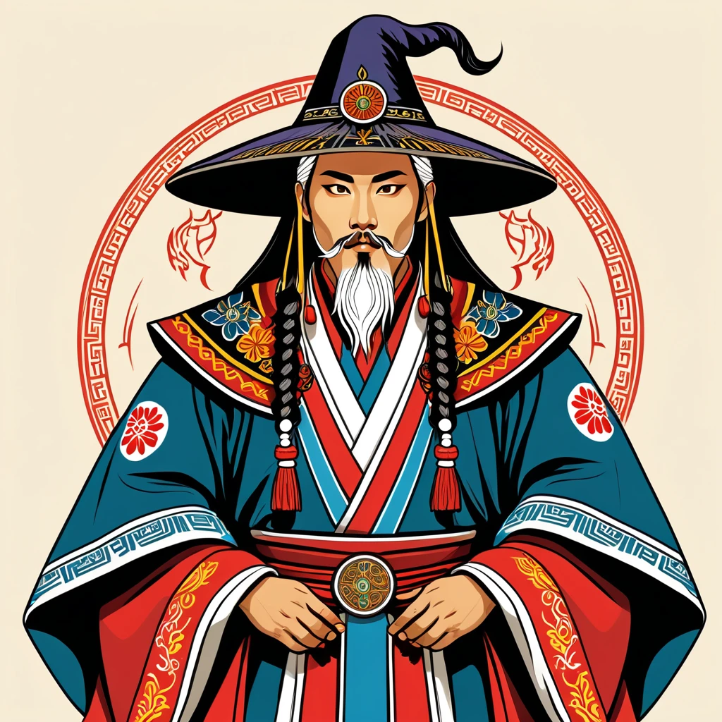 hungarian warlock in korean folk outfit, vector graphics, strong contours