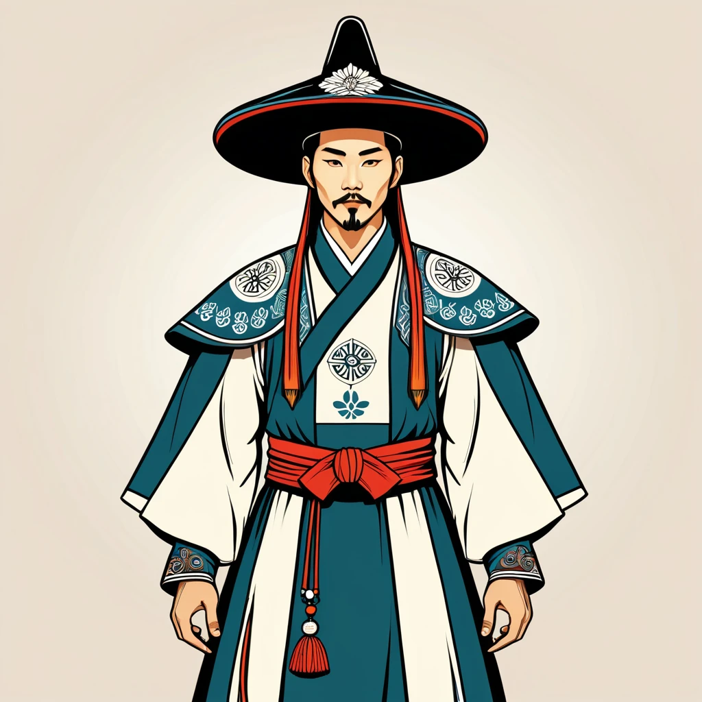 hungarian warlock in korean folk outfit, vector graphics, strong contours
