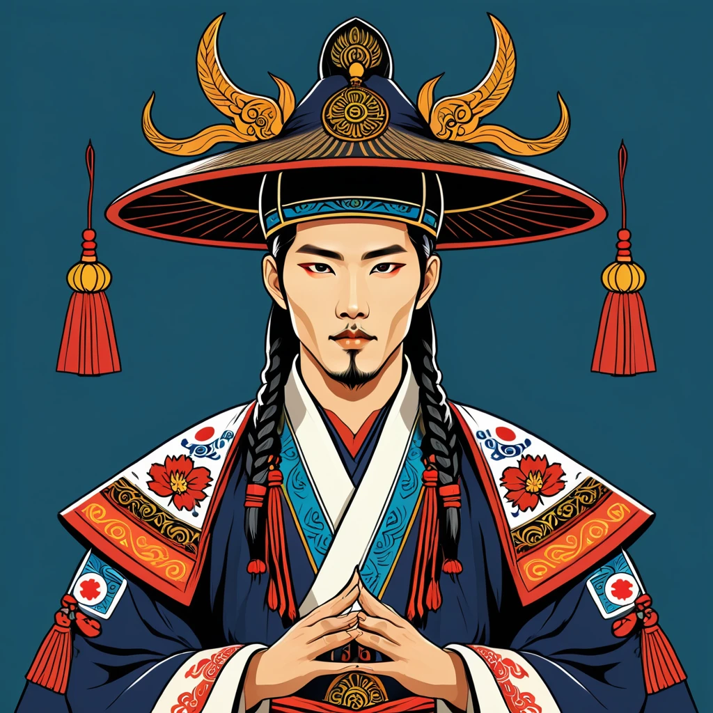 hungarian warlock in korean folk outfit, vector graphics, strong contours
