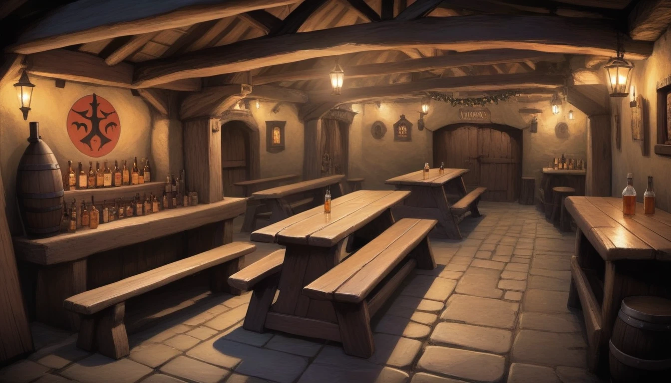 The Viking pub, bathed in torchlight, echoes with the scent of mead and wood, its rugged benches and tables telling tales of ancient feasts and battles. only one man sits at the far end of the pub.