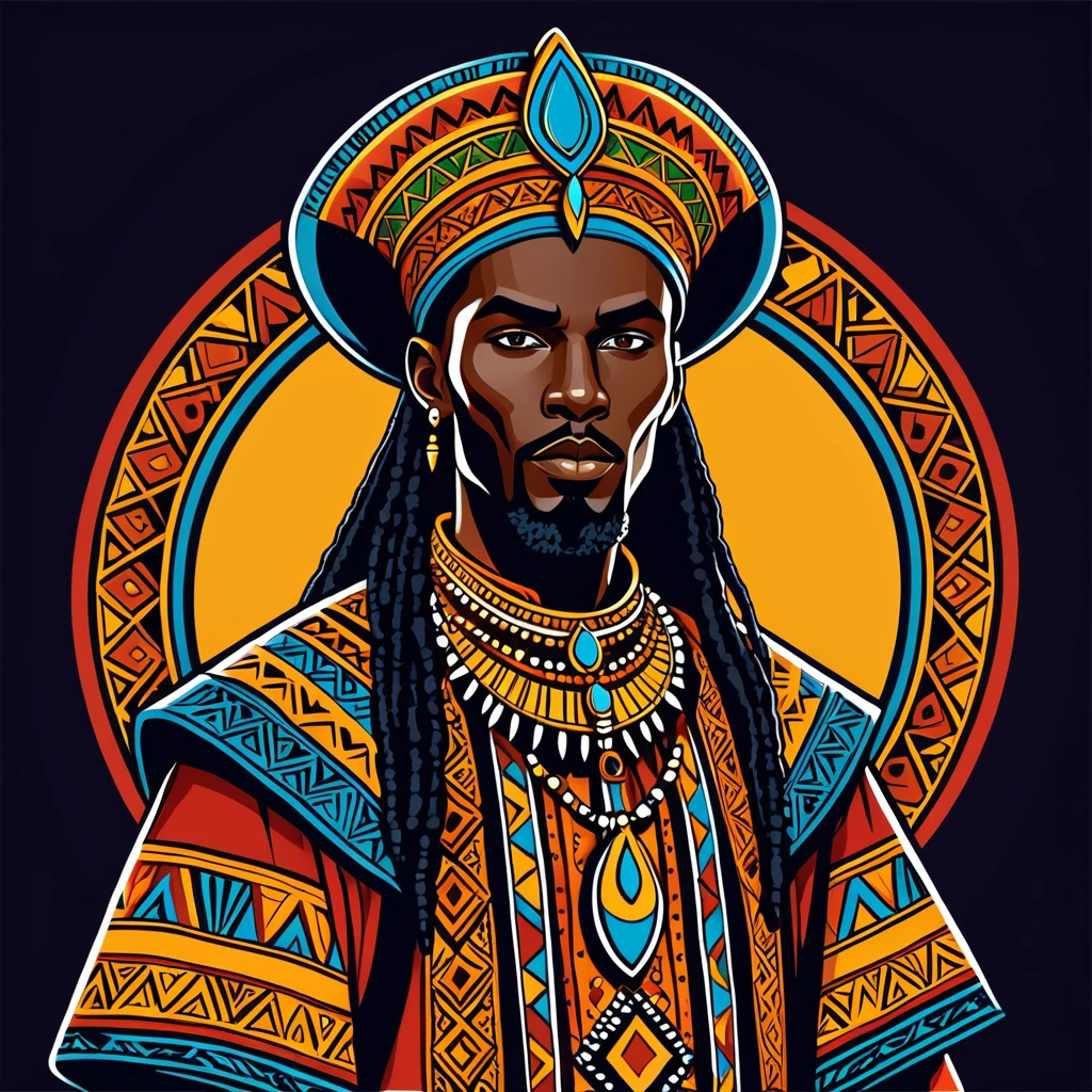 hungarian warlock in african folk outfit, vector graphics, strong contours
