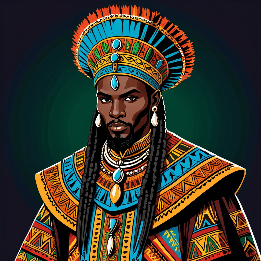 hungarian warlock in african folk outfit, vector graphics, strong contours