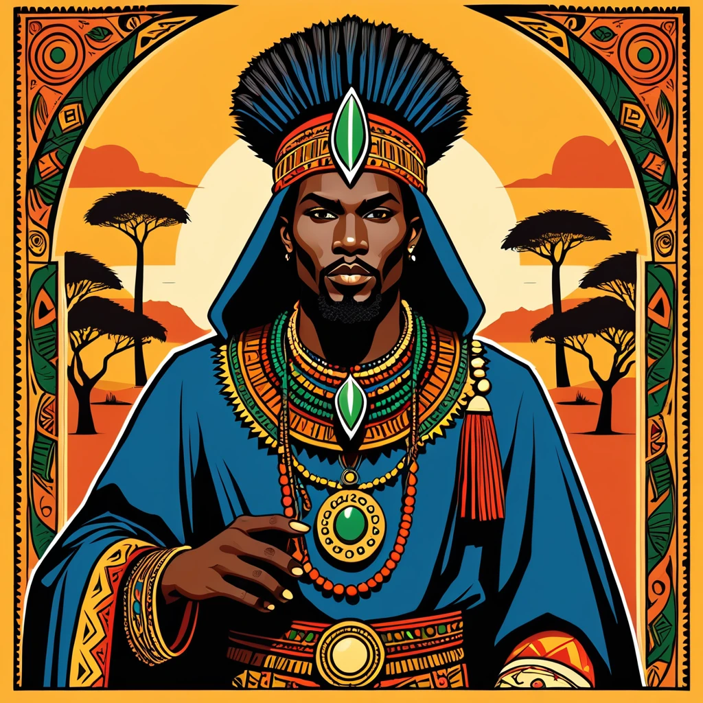 hungarian warlock in african folk outfit, vector graphics, strong contours