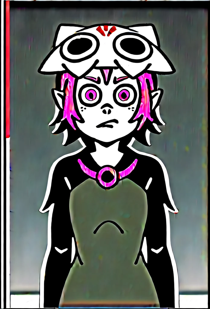 (score_9, score_8_up), score_7_up, score_6_up, score_5_up, score_4_up, Coqueline, 1girl, black skin, pale skin, grey skin, pink hair, (purple eyes), skull hat, pointy ears, wasteland, destroyed land, grey sky, dark clouds, upper body, (nosebleed), xaxaxa