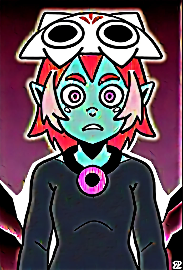 (score_9, score_8_up), score_7_up, score_6_up, score_5_up, score_4_up, Coqueline, 1girl, black skin, pale skin, grey skin, pink hair, (purple eyes), skull hat, pointy ears, wasteland, destroyed land, grey sky, dark clouds, upper body, (nosebleed), xaxaxa