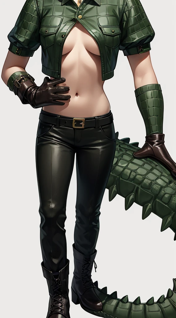 Crocodile girl，Crocodile girl，Crocodile tail，Crocodile tail，长着Crocodile tail的女孩，Dark green hair，Dark green hair，trousers，black色牛仔裤，Standing posture，black，Crocodile tail，Close-up above the waist，Bare limbs，Alligator leather arm，Crocodile leather boots，Crocodile leather gloves，Limbs covered with crocodile skin