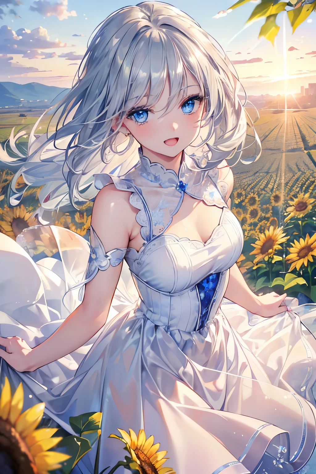(Best quality,4K,8K,High resolution,Masterpiece:1.2),Super detailed,(Actual, Realistic),
break,
((Beautiful clear blue eyes:1.2)),very kind eyes,eyes wide open,beautiful eyelashes,beautiful lower eyelashes,
break,
((Beautiful and shiny silver hair:1.3)),A dazzling smile, a bursting smile, an open mouth laugh,
break,
floral pattern dress,
break,
sunflower field