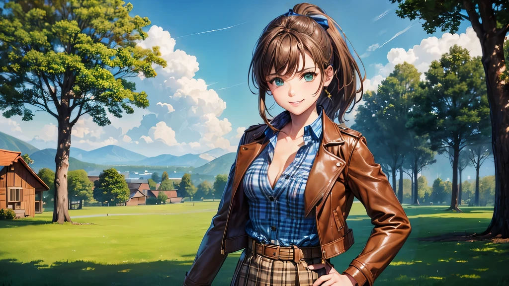 girl, solo, village, trees, sun, clouds, ((brown hair)), ponytail, large breasts, ((brown leather jacket)), button down shirt, ((blue checked shirt)), ((unbuttoned shirt)), unbuttoning buttons, cleavage 1:3, green eyes, long skirt, brown boots, smile, happy, looking at the viewer, standing, hair ribbon, golden necklate