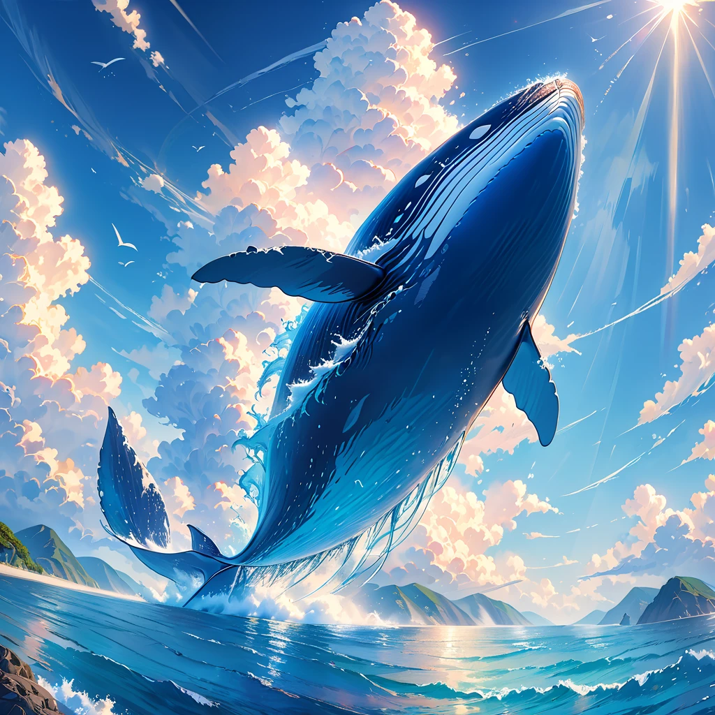 Flying whale, giant whale, soaring through the sky, blue sky, white clouds, rays of light penetrating the clouds, intricate details of the whale's body, smooth skin, spectacular scene, dreamy colors, ocean elements, ocean texture, ocean blue hues, sense of mystery, infinite space, high quality details, (best quality,4k,8k,highres,masterpiece:1.2),ultra-detailed,(realistic,photorealistic,photo-realistic:1.37), HDR, UHD, studio lighting, vivid colors, phys...