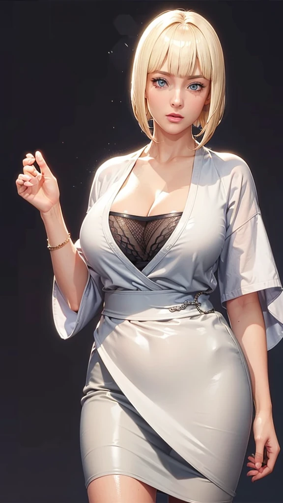 (（（Perfect body,White and tender skin,（（（BLACK KIMONO, CLEAVAGE, VAMBRACES,）））,（（（Samui, Blue eyes, blonde hair, short hair, bangs, blunt bangs,）））,((masterpiece)),high resolution, ((Best quality at best)),masterpiece,quality,Best quality,（（（ Exquisite facial features,Looking at the audience,There is light in the eyes,Poker face）））,Look up at the sky，From below）））,（（（Light and shadow,Huge breasts，Plump buttocks）））,（（（Looking at the camera,black background,)））),