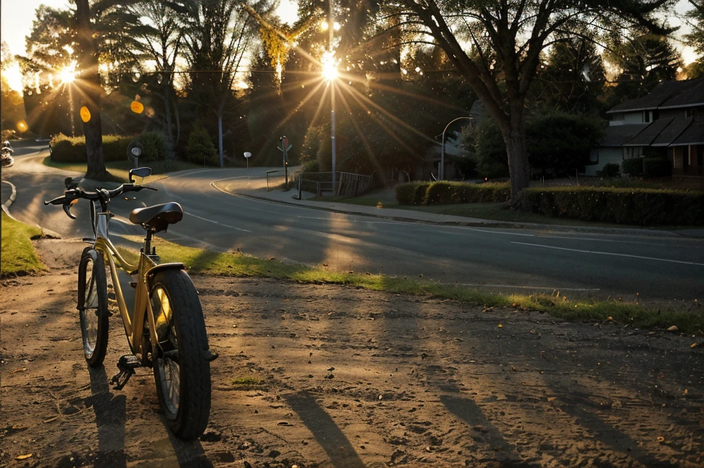 there is a bike parked on the side of the road, bicycle in background, bicycle, bicycles, perfect detail, taken at golden hour, morning golden hour, crisp details, beautiful sunny day, portrait shot, summer morning light, sun is shining, perfect crisp sunlight, environmental shot, evening at dusk, hard morning light, mixed art, the sun is shining