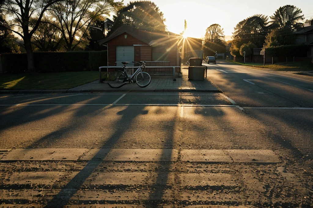 there is a bike parked on the side of the road, bicycle in background, bicycle, bicycles, perfect detail, taken at golden hour, morning golden hour, crisp details, beautiful sunny day, portrait shot, summer morning light, sun is shining, perfect crisp sunlight, environmental shot, evening at dusk, hard morning light, mixed art, the sun is shining