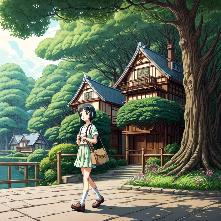best quality,(masterpiece:1,2),highres,original,perfect lighting,extremely detailed wallpaper,(extremely detailed CG:1.2),Japanese manga style,Studio Ghibli,Hayao Miyazaki style,high saturation,Rich details,A girl carrying a bag walking down the street, (best quality:1.3), (high resolution:1), (detailed:1.3), (excellent:1.3), (perfect:1.3), (perfection:1.3), (Roll cover art:0), (illustration:1.3), Studio Ghibli's artwork