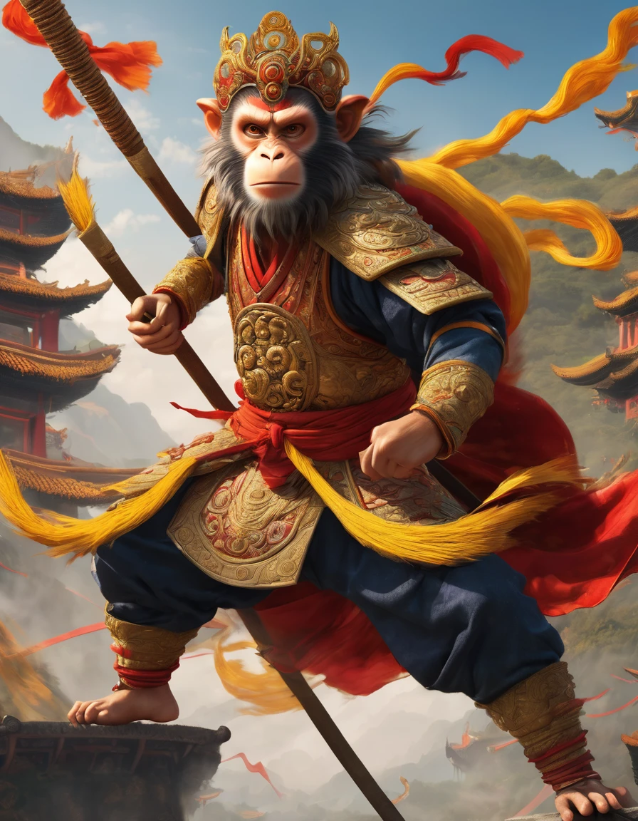 CINEMATIC concept art of the Monkey King from Journey to the West, Chinese background, dynamic pose, intricate details,