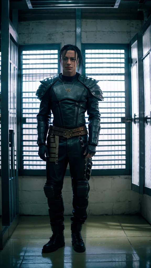 arafed man standing in a jail cell with a birdcaged door, the answer, music video, still from the movie saw, still from the cyborg movie, ainda de um music video, still from alita, alterd carbon, still from the cyborg movie asteca, leather clothing under armor, dark spot :: Athletic, movie still of an alien cyborg, birdcage