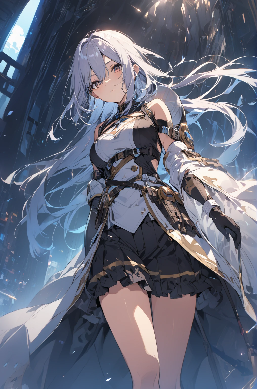 ,girl,Highest quality,,Silver Hair,,blue eyes,,White skin,Sleepiness,Very long hair,,Half an eye,rock,Restraints,small胸,,Dragon Horn,,Tattoo,small,Dress shirt,Pleated skirt,Buster Sword,armor,thunder,