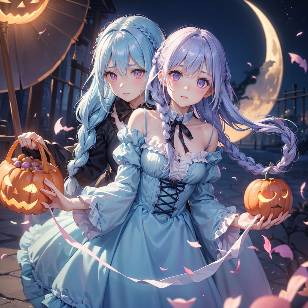 (Light blue medium hair:1.2),(Braided hair:1.2)、Pink eyes、Fair skin、cowboy shot、Halloween、The background is a pumpkin ghost、Crescent Moon、Trick or Treat、A lot of sweets、witch、Halloween night、Candy、many bat、Condescending expression、solo、(masterpiece、Highest quality、Very detailed、Best Shadow)、(Detailed Background)、(Beautifully detailed face)、High contrast、(Best lighting、Very delicate and beautiful)、(Cinematic Light)、colorful、Hyper Detail、Dramatic Light、Exquisite detail、