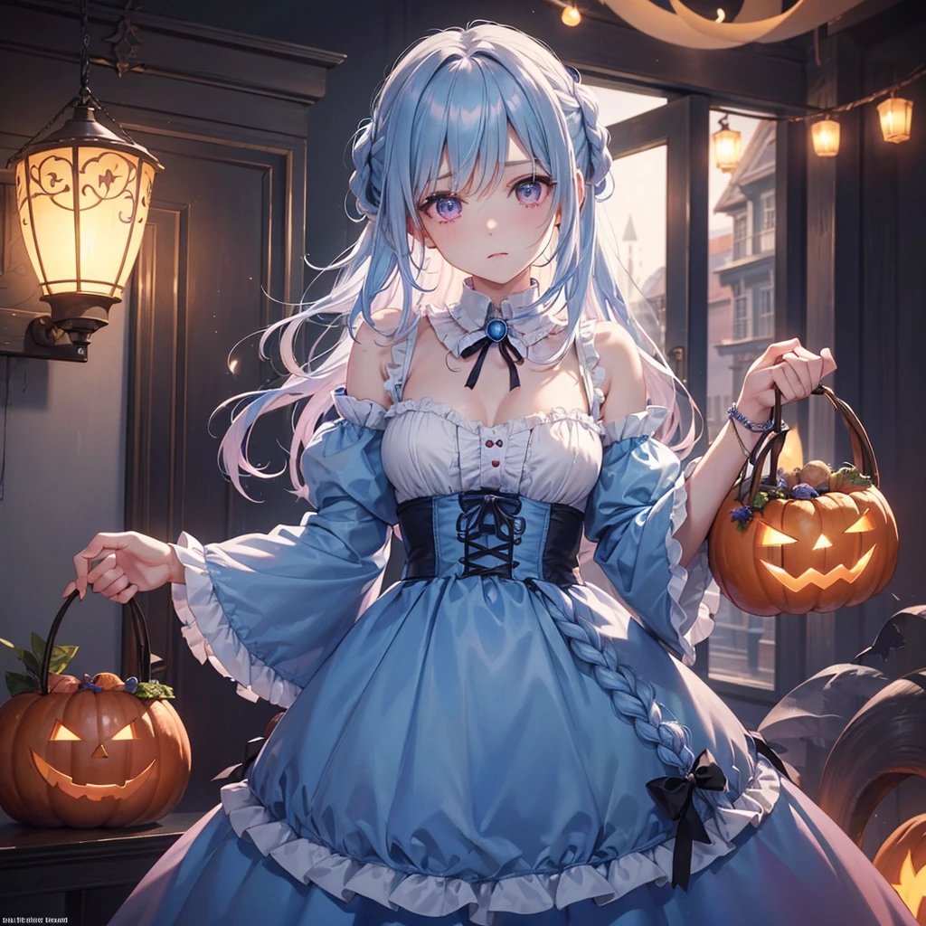 (Light blue medium hair:1.2),(Braided hair:1.2)、Pink eyes、Fair skin、cowboy shot、Halloween、The background is a pumpkin ghost、Crescent Moon、Trick or Treat、A lot of sweets、witch、Halloween night、Candy、many bat、Condescending expression、solo、(masterpiece、Highest quality、Very detailed、Best Shadow)、(Detailed Background)、(Beautifully detailed face)、High contrast、(Best lighting、Very delicate and beautiful)、(Cinematic Light)、colorful、Hyper Detail、Dramatic Light、Exquisite detail、