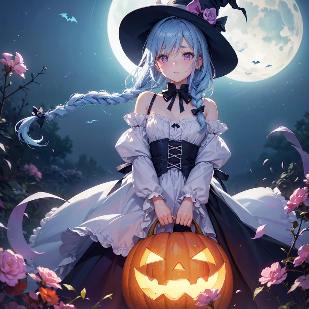 (Light blue medium hair:1.2),(Braided hair:1.2)、Pink eyes、Fair skin、cowboy shot、Halloween、The background is a pumpkin ghost、Crescent Moon、Trick or Treat、A lot of sweets、witch、Halloween night、Candy、many bat、Condescending expression、solo、(masterpiece、Highest quality、Very detailed、Best Shadow)、(Detailed Background)、(Beautifully detailed face)、High contrast、(Best lighting、Very delicate and beautiful)、(Cinematic Light)、colorful、Hyper Detail、Dramatic Light、Exquisite detail、