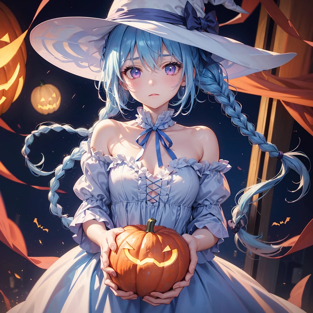 (Light blue medium hair:1.2),(Braided hair:1.2)、Pink eyes、Fair skin、cowboy shot、Halloween、The background is a pumpkin ghost、Crescent Moon、Trick or Treat、A lot of sweets、witch、Halloween night、Candy、many bat、Condescending expression、solo、(masterpiece、Highest quality、Very detailed、Best Shadow)、(Detailed Background)、(Beautifully detailed face)、High contrast、(Best lighting、Very delicate and beautiful)、(Cinematic Light)、colorful、Hyper Detail、Dramatic Light、Exquisite detail、