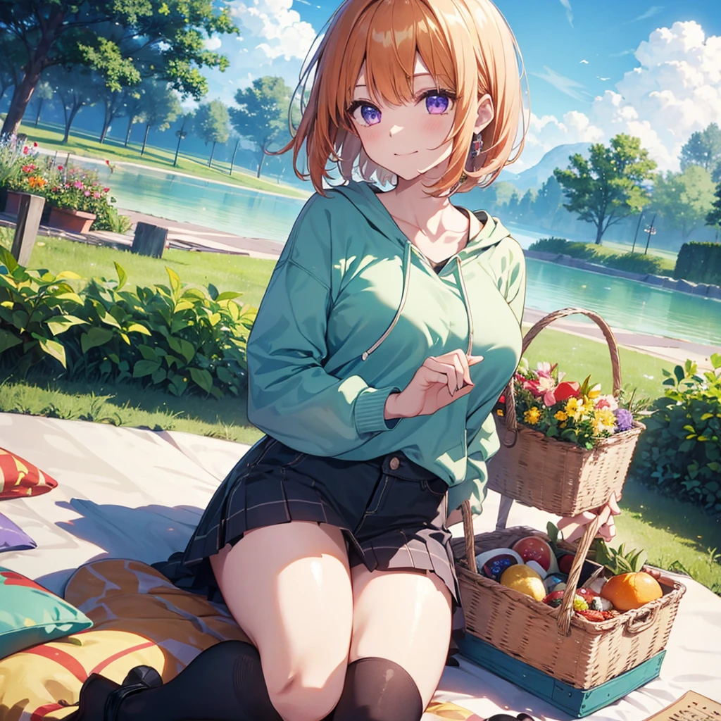 (Recall,food:1.3),(picnic:1.3),basket, Park with a view, Highest quality, grassland park, blue sky, hiking, Best image quality,Perfect Anatomy,masterpiece,Ultra-detailed,beautiful,super high quality, Highest quality,High resolution, Very detailed,Game CG,Dutch Angle ,beautiful細部までこだわった目,Visual Arts,Five Fingers, Perfect hands,Hide your hands, {{{One Girl}}}, beautiful詳細な女の子, Game CG, Spring flower, One curl on the outside, Short Bob Hair, Pastel orange hair, Purple eyes,Stylish accessories solo, breast enhancement, Medium Shoot, woman, Take-out, Laughter, huge ,,Pastel green checkered mini skirt,Black knee-highs, {{{{{Wearing a pastel green hoodie}}}}},Open your mouth, wonderful, beautiful細部までこだわった目, Highest quality, Very delicate,Masseter muscle area,Highest quality,(Official Art、Highest quality、Unity 8k wallpaper、32K、masterpiece、Ultra-detailed、超High resolution、Realistic、Photorealistic:1.2)、(Cinema Lighting:1.2)、Fire Glow Effect、The most grainy shadows on the film、Side light、Side Shot、(Ultra-detailedで複雑な3Dレンダリング)、Atelier Series, Multiple Girls．