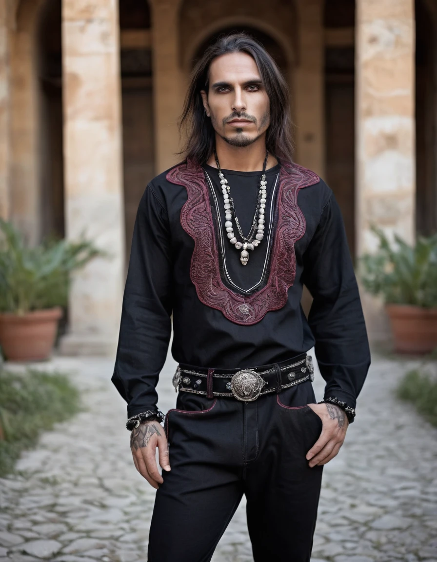 Masculine Man Rocker and Metalhead Preferences: baggy clothes, comfort, death or black metal costumes and performances.
-Elements to Incorporate:Fabrics with indigenous motifs, necklaces, sleeves, straps with fabrics and embroidery of animals and plants.
Design:Black long-sleeved round neck shirt with burgundy details.
-Details: Bordados de serpientes y símbolos espirituales en las sleeves y el cuello
Pantalón:
-Material: Denim or resistant fabric.
-Color:Black with details on the pockets.
Footwear:
-Type:Unicolor tennis shoes in neutral tones.
Reasons: Makeup that imitates snake scales, with patterns around the eyes and on the cheeks.