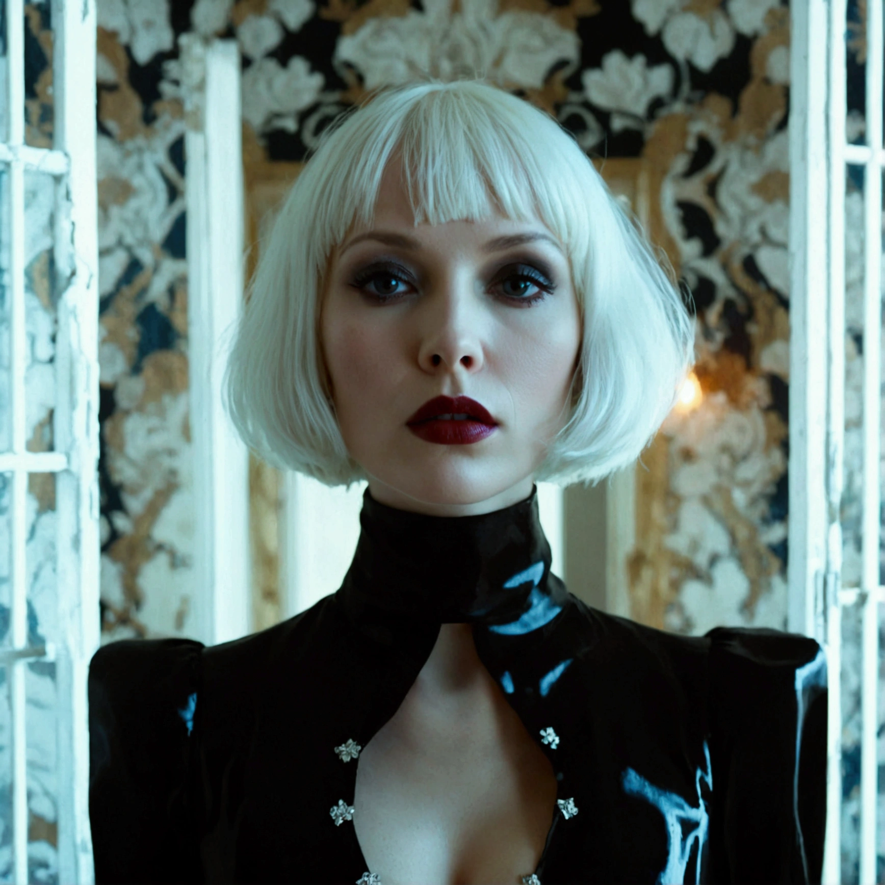 ((Master piece, very realistic, best quality, highly detailed, Frontal view, DELICATE, PORTRAIT, WOMAN 36yo, AESTHETIC)) shallow depth of field, realism, photography, good proportions, narrow depth of field, tilt shift look, bokeh, anamorphic look, cinematic, dark and moody, ((a pale white complexion MODE with short WHITE color hair and bangs and smokey eye makeup, BLACK lips)), wearing black fashion designed by Rick Owens, a dark photograph by Tim Walker and Tom Hoops and Matt Mahurin, a dark liminal space, a desolate seedy hotel room with peeling wallpaper and black painted walls, symbolism, primordial fluids, uneasy feeling, dark occult imagery, melancholic ((very aesthetic)), her massive breasts (1.4) and deep cleavage (1.2)
