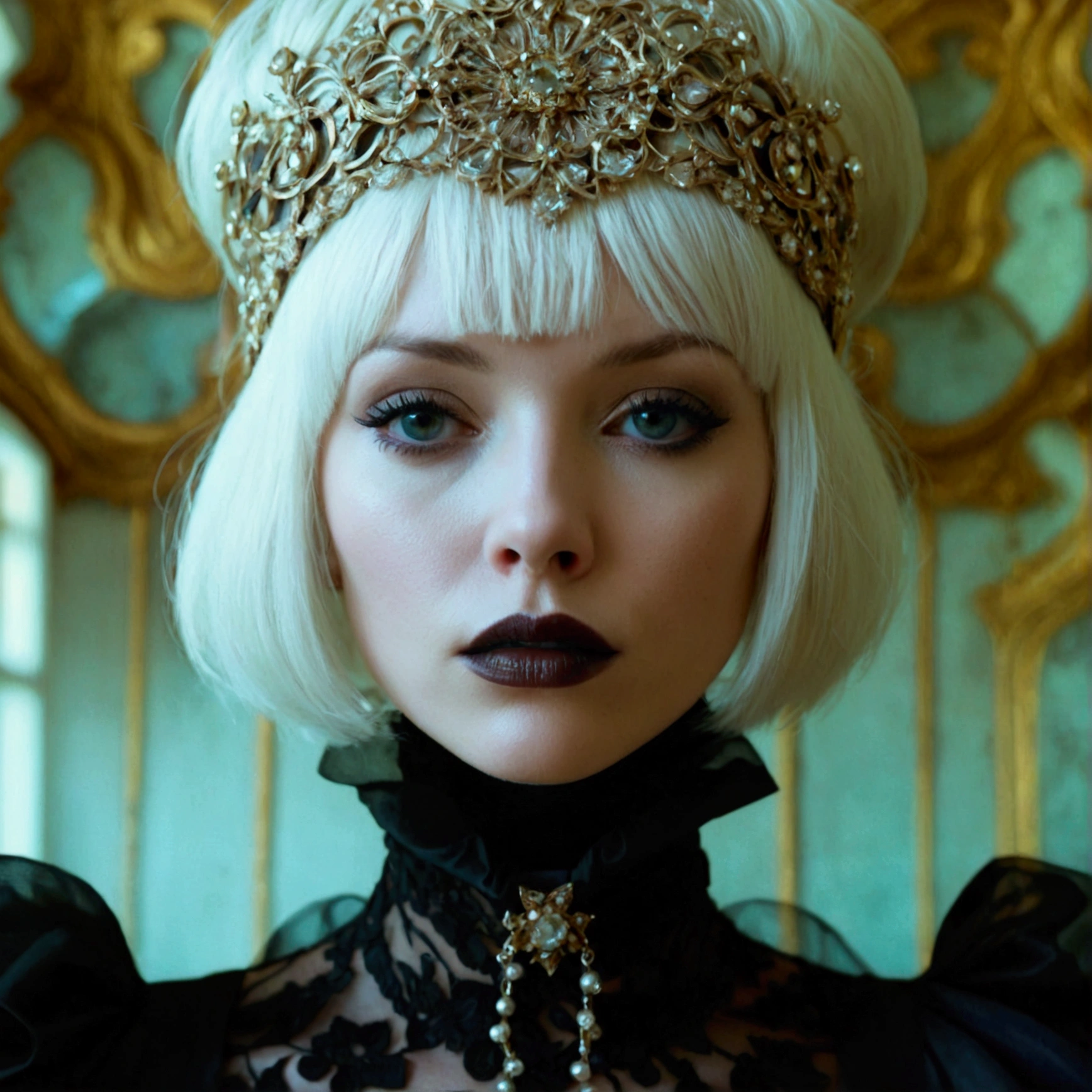 ((Master piece, very realistic, best quality, highly detailed, Frontal view, DELICATE, PORTRAIT, WOMAN 36yo, AESTHETIC)) shallow depth of field, realism, photography, good proportions, narrow depth of field, tilt shift look, bokeh, anamorphic look, cinematic, dark and moody, ((a pale white complexion MODE with short WHITE color hair and bangs and smokey eye makeup, BLACK lips)), wearing black fashion designed by Rick Owens, a dark photograph by Tim Walker and Tom Hoops and Matt Mahurin, a dark liminal space, a desolate seedy hotel room with peeling wallpaper and black painted walls, symbolism, primordial fluids, uneasy feeling, dark occult imagery, melancholic ((very aesthetic)), her massive breasts (1.4) and deep cleavage (1.2)