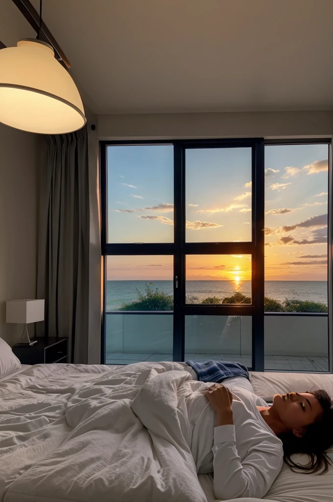 A person wakes up with the sunrise, turns off the alarm, and gets out of bed.