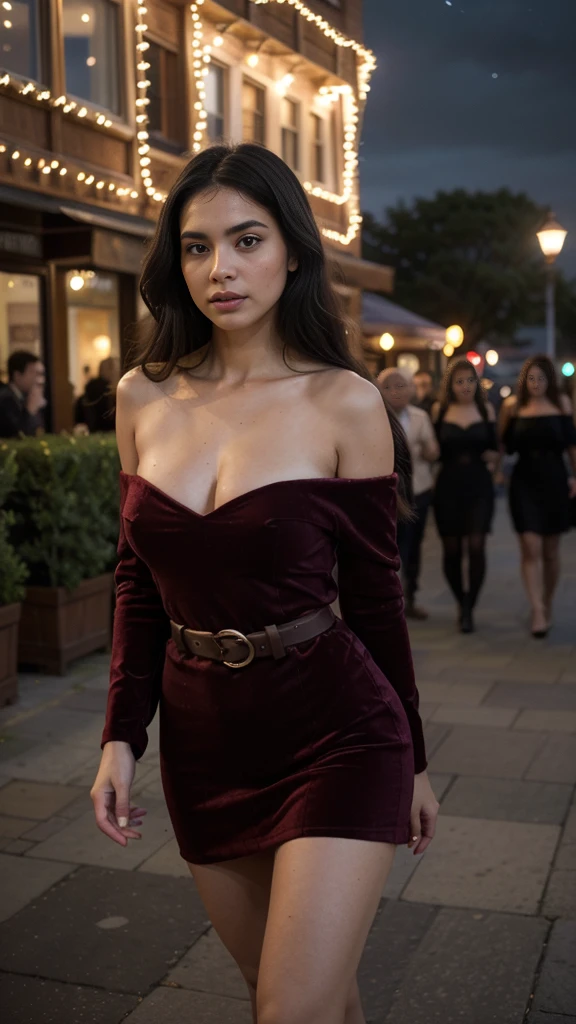 ((best quality)), ((masterpiece)), (detailed), perfect face realistic photo of beautiful woman with long dark black hair, Indian medium breast, influencer, light freckles, dark brown eyes, big lips, no makeup, instagram, elegant off-the-shoulder velvet dress A chic off-the-shoulder knit dress in a deep merlot color. a touch of drama. A faux fur stole and a statement belt complete the elegant look. Ambient: The cruise ship elegantly lit with soft candlelight and fairy lights. The winter night sky and city lights provide a romantic backdrop as guests enjoy a gourmet dinner and dance under the stars. realistic image. Dynamic composition, motion, ultra - detailed, incredibly detailed, a lot of details, amazing fine details and brush strokes, smooth.