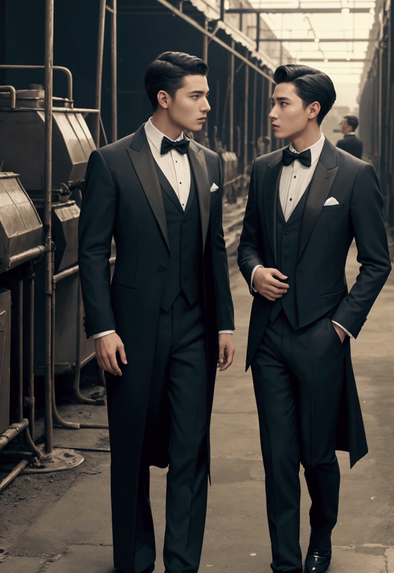 a man talking to another man. The first man is indignant and he is young and in formal gowns. The second man is older, looking like a business owner. The scene behind is a crowded factory
