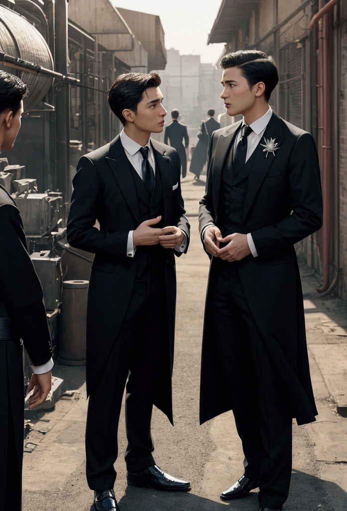 a man talking to another man. The first man is indignant and he is young and in formal gowns. The second man is older, looking like a business owner. The scene behind is a crowded factory